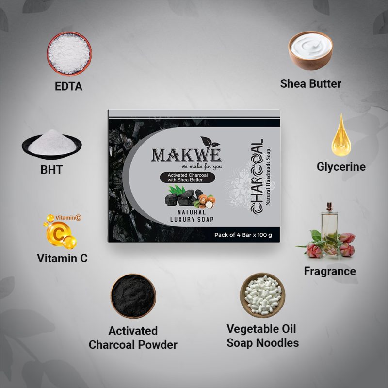 MAKWE Charcoal Bath Soap With Sea butter cube, (4 x 100 g) Handmade Soaps for Deep Clean and Anti-pollution Effect - Image 2