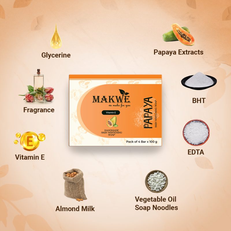 MAKWE Papaya Skin Whitening Soap With Shea butter cube With Vitamin E And C, Dark Spot And Dead Skin Cell Removal, (4 x 100 g) Handmade Soaps - Image 2