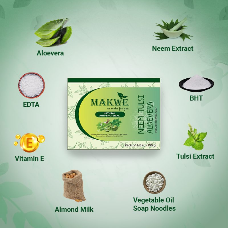 MAKWE Neem Tulsi Aloevera Soap | Herbal Bathing Soap for Acne | Natural Soap with Essential Oils | Anti-Bacterial Soap | Suitable for All Skin Types | Pack of 4 - Image 2