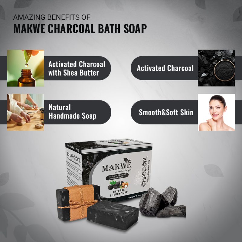 MAKWE Charcoal Bath Soap With Sea butter cube, (4 x 100 g) Handmade Soaps for Deep Clean and Anti-pollution Effect - Image 3