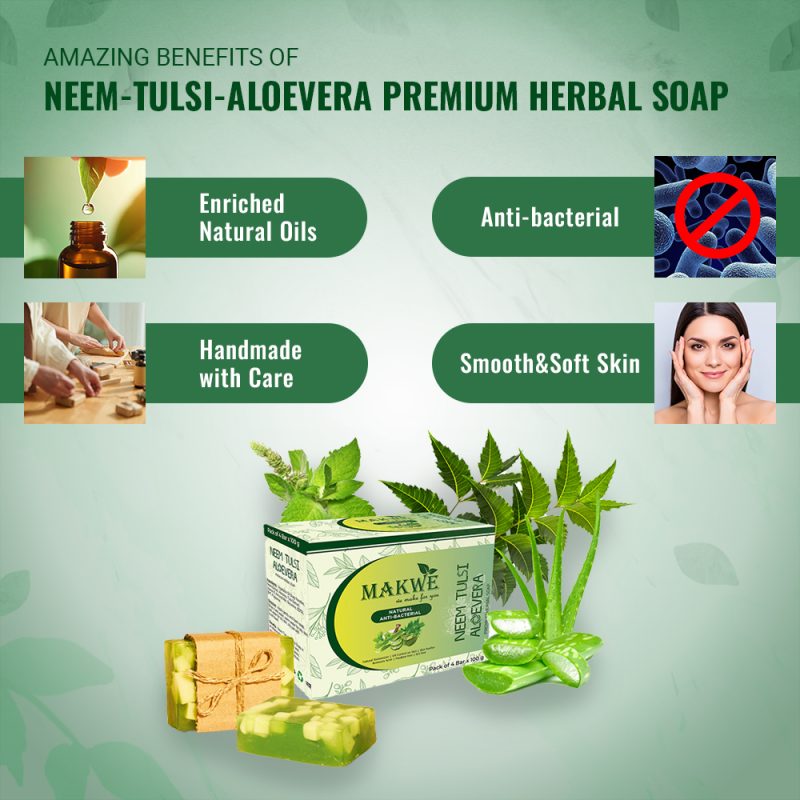 MAKWE Neem Tulsi Aloevera Soap | Herbal Bathing Soap for Acne | Natural Soap with Essential Oils | Anti-Bacterial Soap | Suitable for All Skin Types | Pack of 4 - Image 3