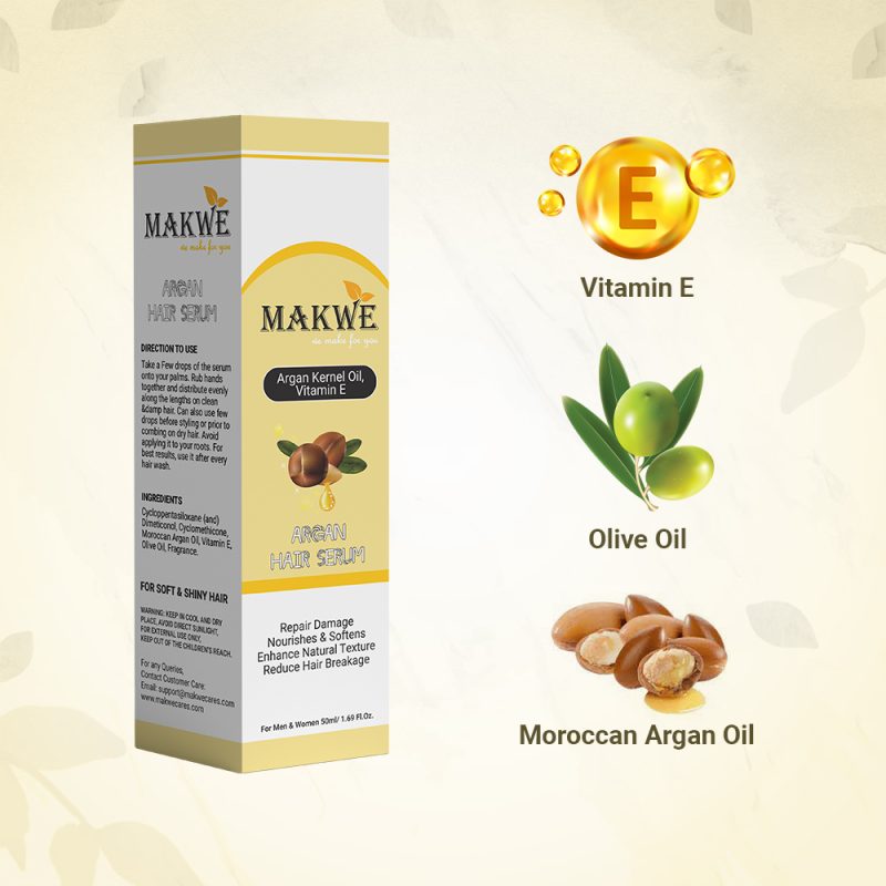 MAKWE Argan Hair Serum for Women & Men, All Hair Types,Smooth, Frizz free & Glossy Hair, With Moroccan Argan Oil & Vitamin E, 50 ml - Image 2