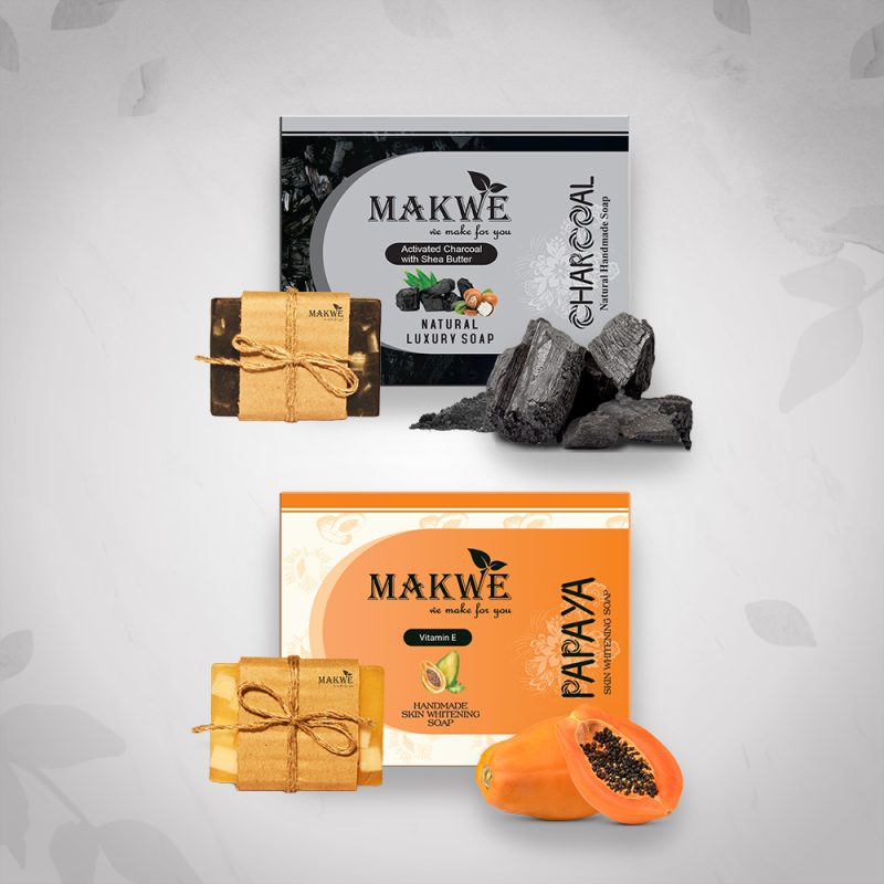 MAKWE Active Charcoal & Papaya  Natural Soap with Essential Oils & Skin Whitening Soap With Shea butter (Charcoal + NTA ) 400gm+400gm