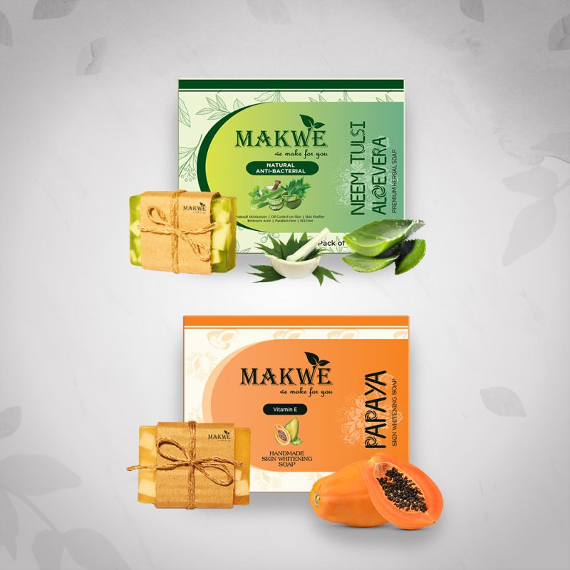 MAKWE Neem Tulsi Aloevera & Papaya Natural Soap with Essential Oils & Anti-Bacterial Soap (NTA + PAPAYA SOAP) 400gm+400gm